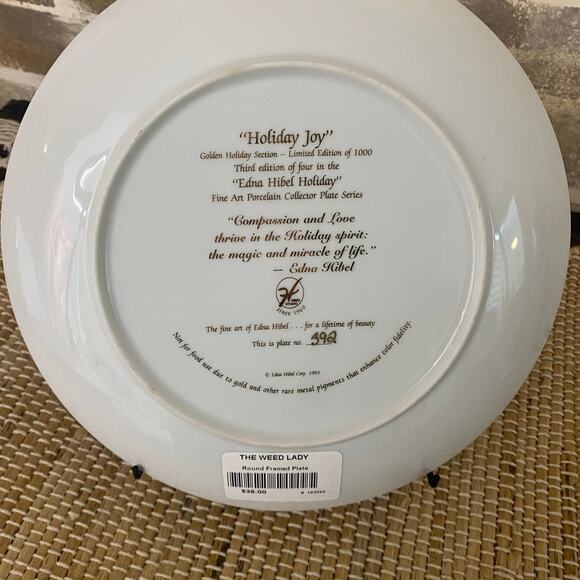 Vintage Limited Edition Edna Hibel Holiday Joy Porcelain Plate 1993 Wood Frame - Picture 9 of 13